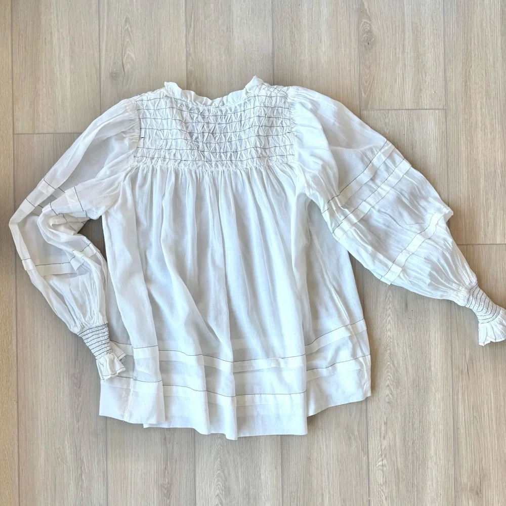 Anthropologie Long-Sleeve White Airy Babydoll smocked Blouse Sz M Boho Peasant - Picture 10 of 13